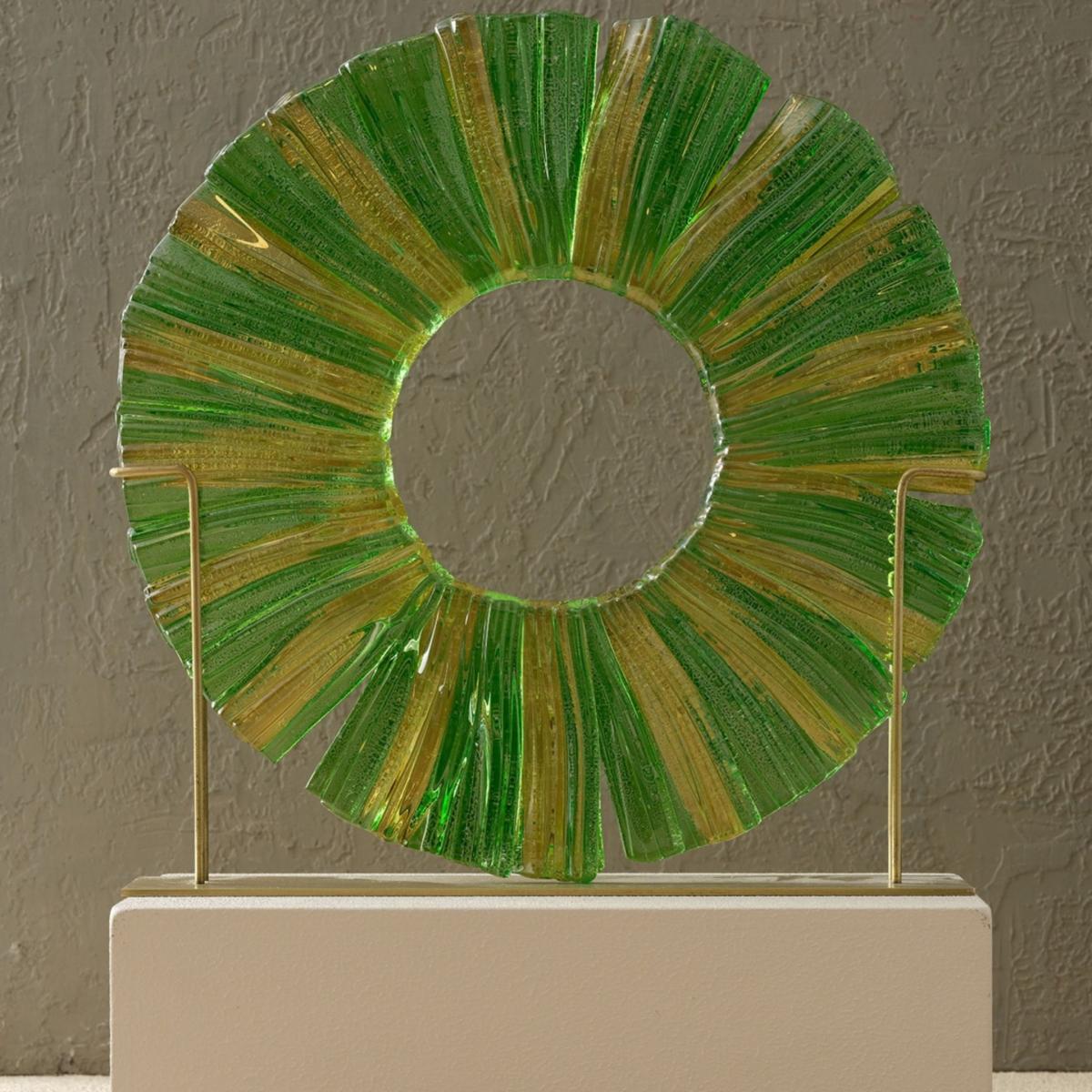 Green / Yellow / Orange Green Glass Decorative Disc On Brass Stand - Large Handmade Sculptural Art For Home Décor | Anatoliacraft – image 2