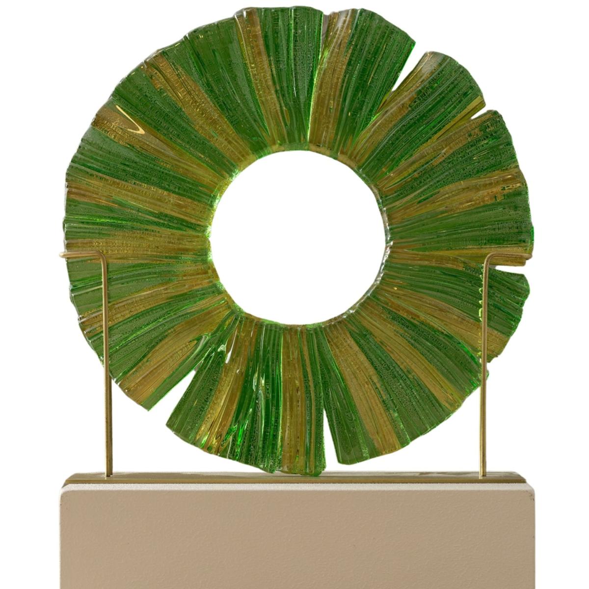 Green / Yellow / Orange Green Glass Decorative Disc On Brass Stand - Large Handmade Sculptural Art For Home Décor | Anatoliacraft – image 1