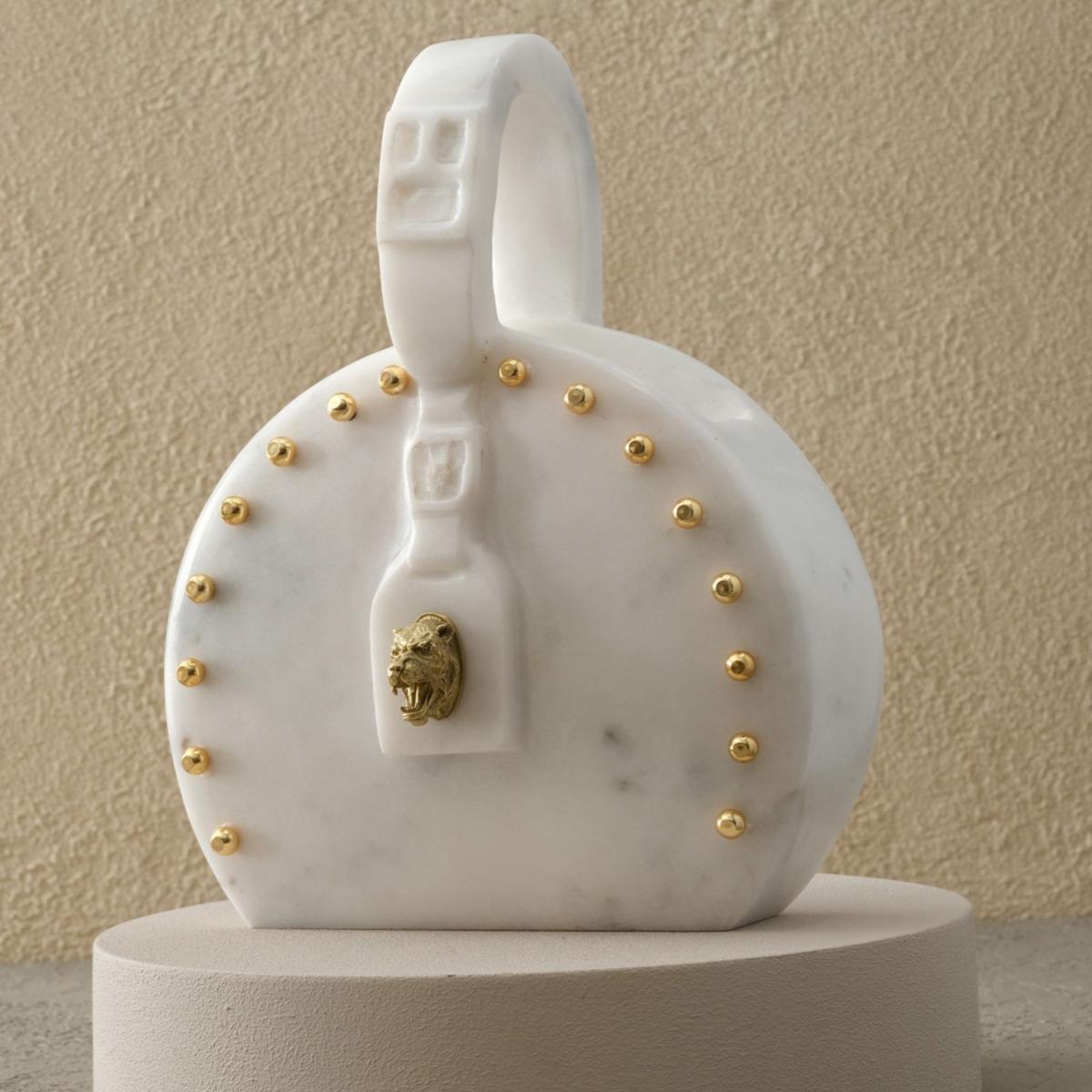 White Decorative Marble Handbag Sculpture With Gold Accents | Anatoliacraft – image 2