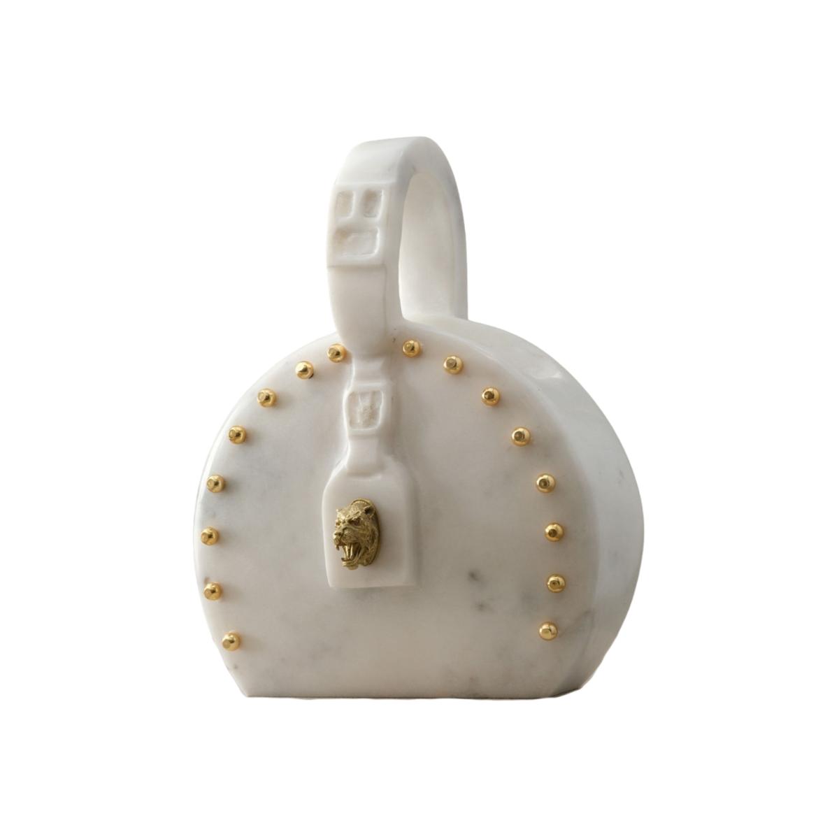 White Decorative Marble Handbag Sculpture With Gold Accents | Anatoliacraft – image 1