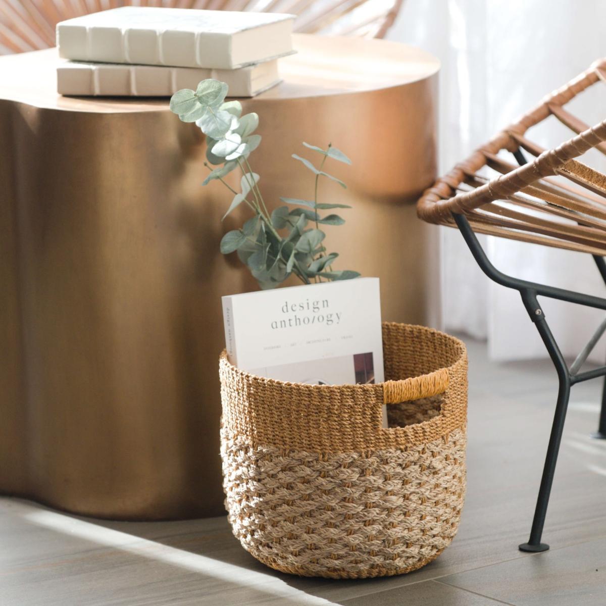 Golden Brown Patterned Round Floor Basket - Storage Bins Likhâ – image 5