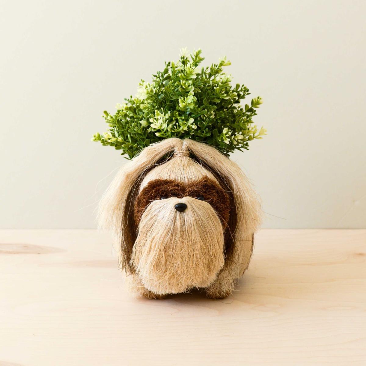 White / Brown Shih Tzu Planter - Dog Plant Basket Likhâ – image 2