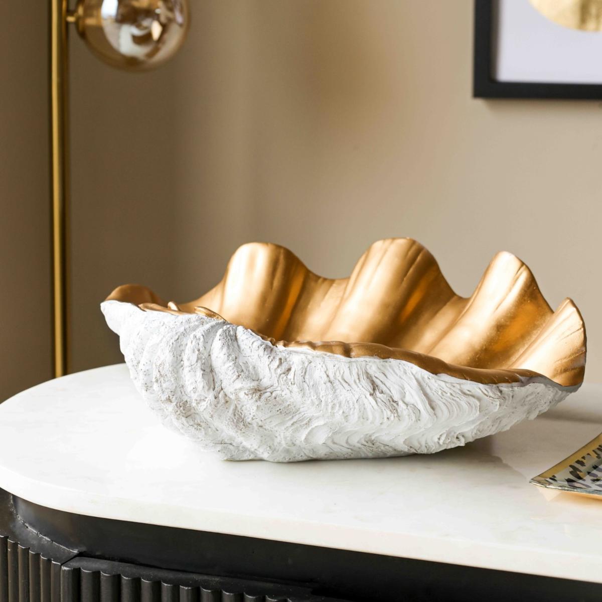 Large White & Gold Clam Shell Display Dish Rockett St George – image 3