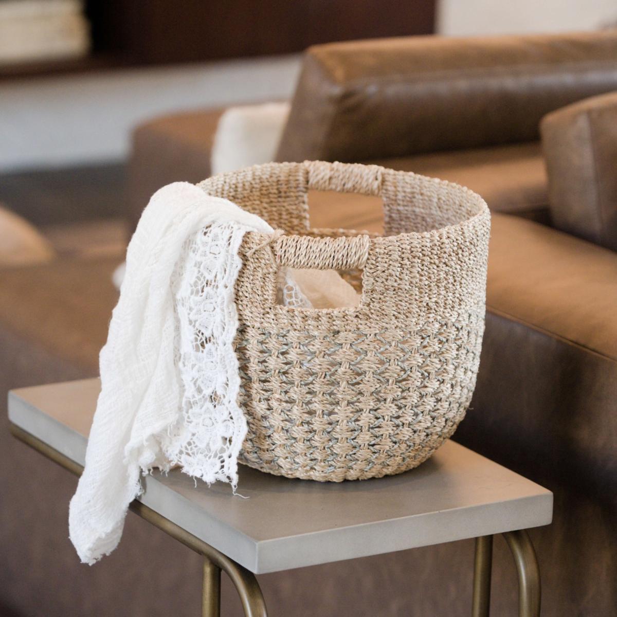Grey Patterned Round Woven Basket - Handcrafted Bins Likhâ – image 5
