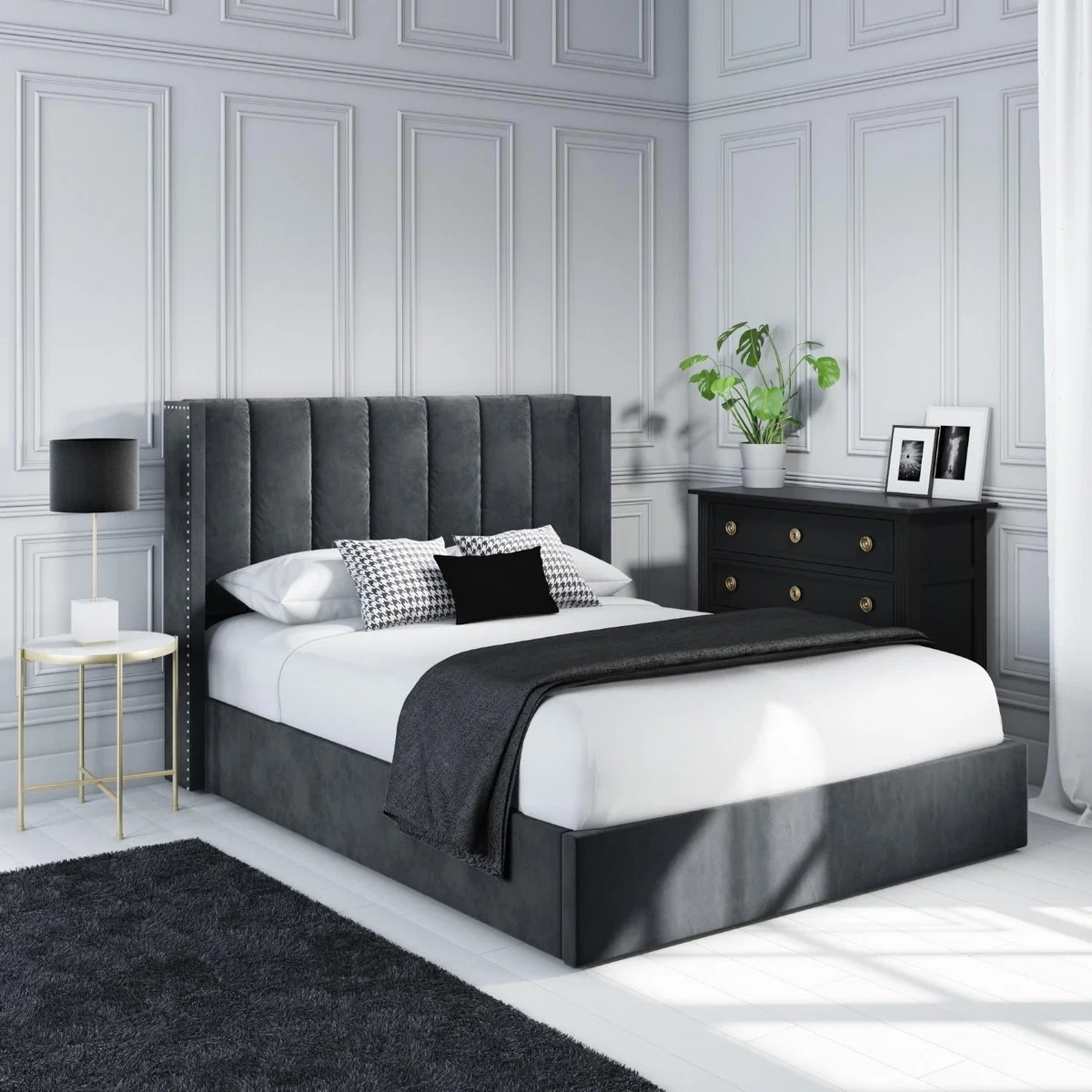 Grey Velvet Small Double Ottoman Bed with Winged Headboard - Maddox – image 1