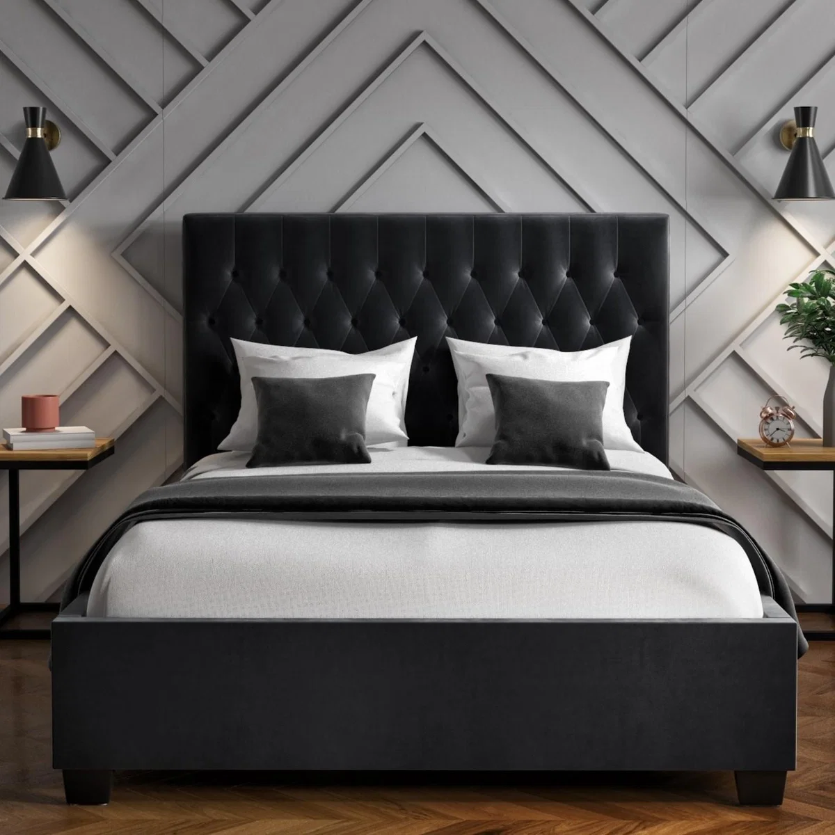 Safina Dark Grey Velvet Small Double Ottoman Bed with Chesterfield Headboard – image 1