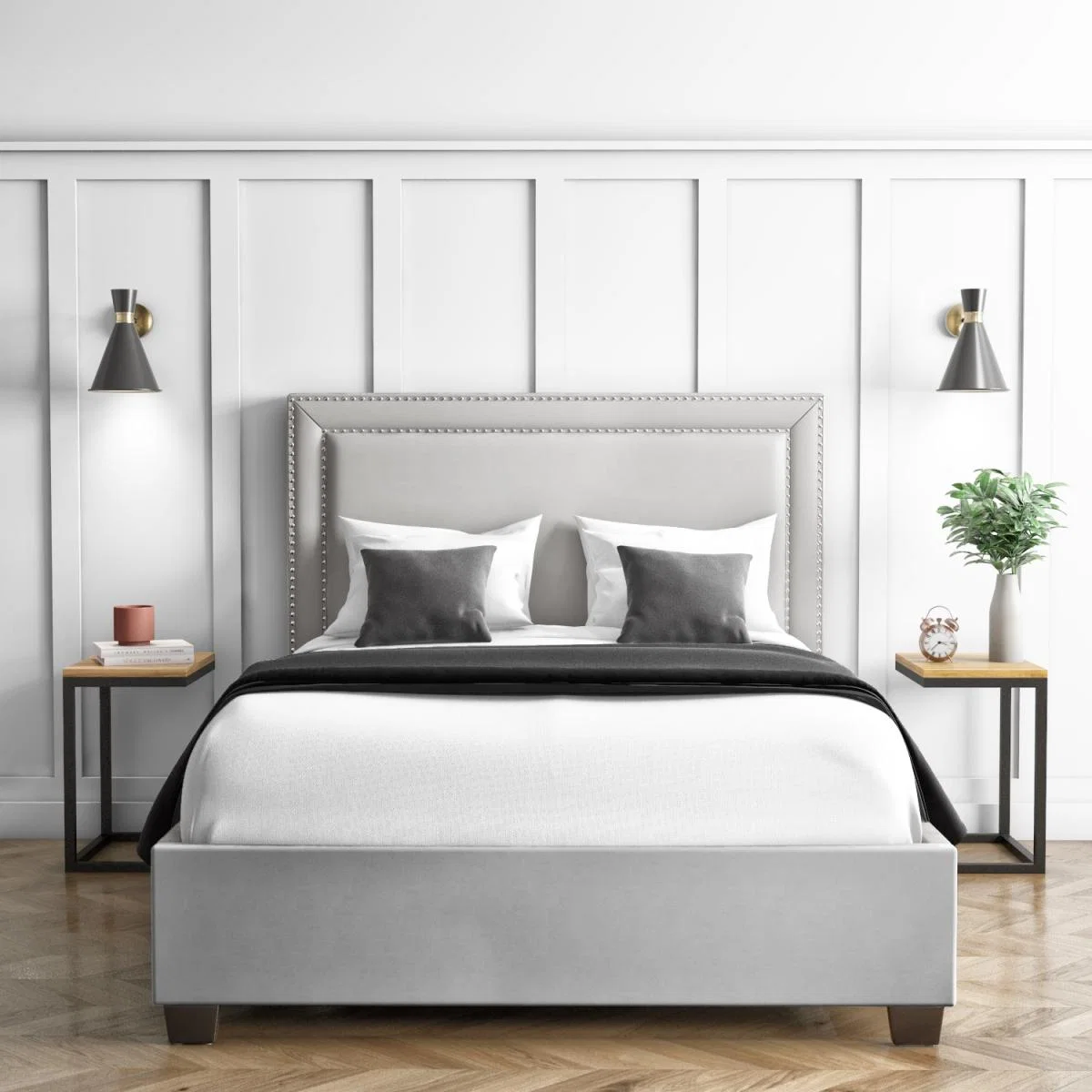 Safina Light Grey Velvet Double Ottoman Bed with Studded Headboard – image 1