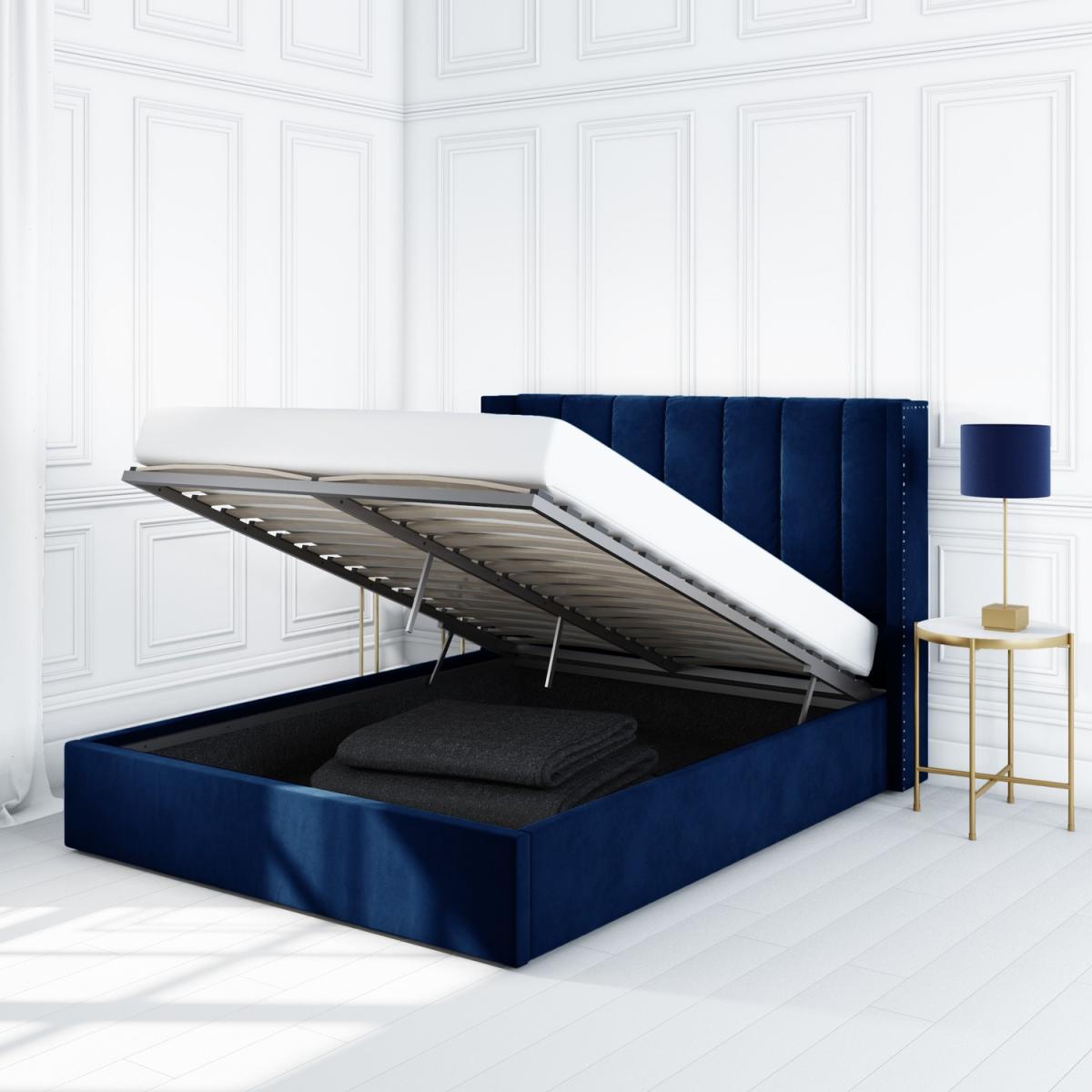 Navy Velvet Double Ottoman Bed with Winged Headboard - Maddox – image 2