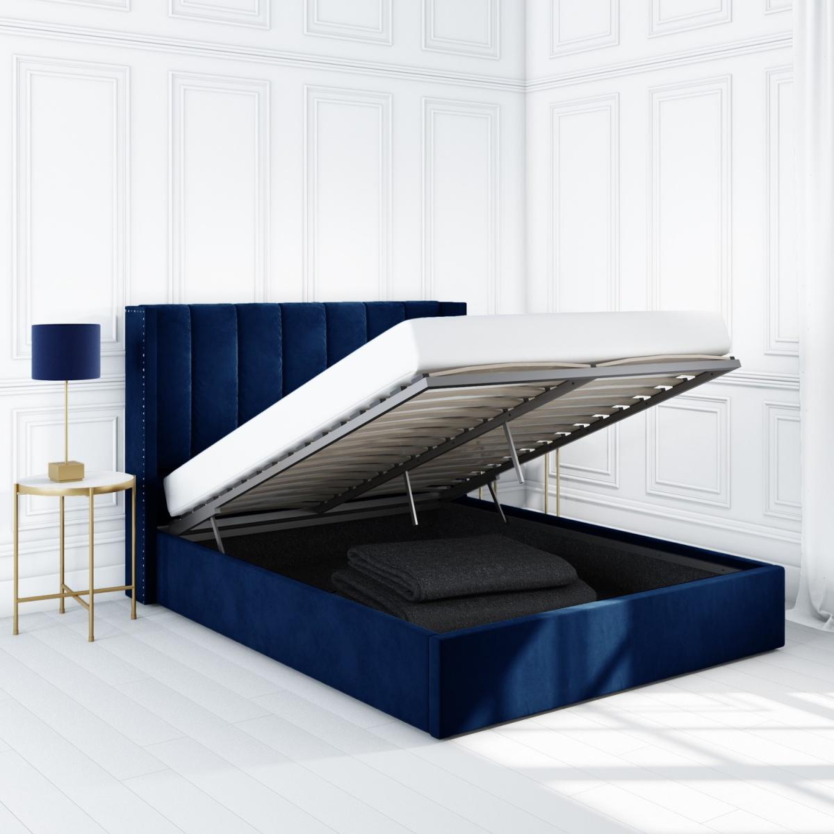 Navy Velvet Double Ottoman Bed with Winged Headboard - Maddox – image 5