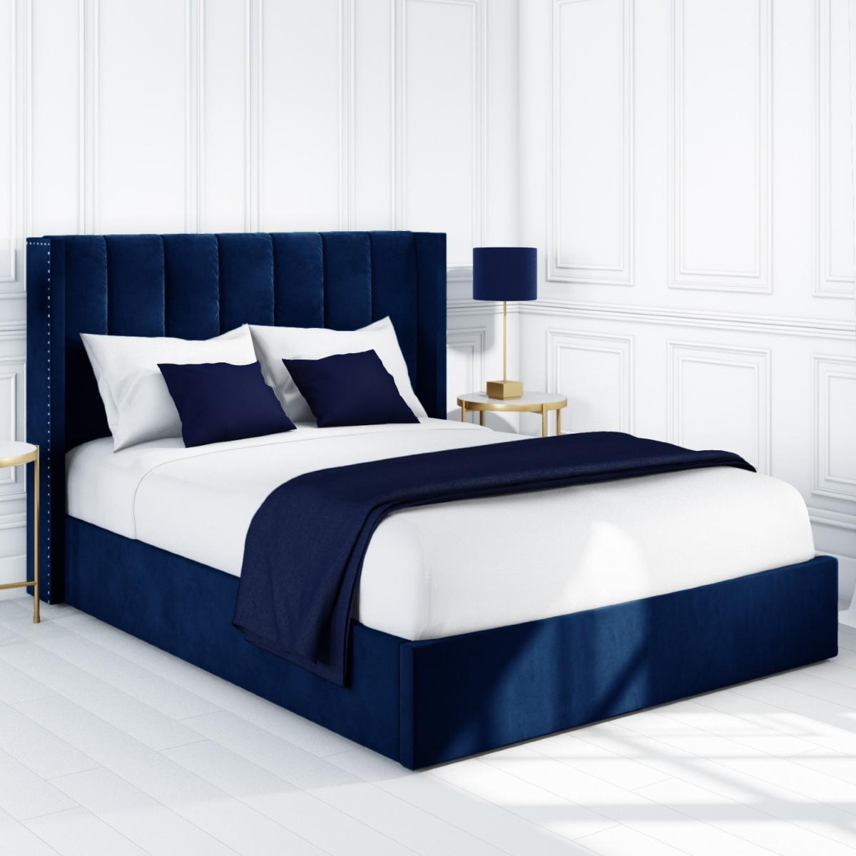 Navy Velvet Double Ottoman Bed with Winged Headboard - Maddox – image 1