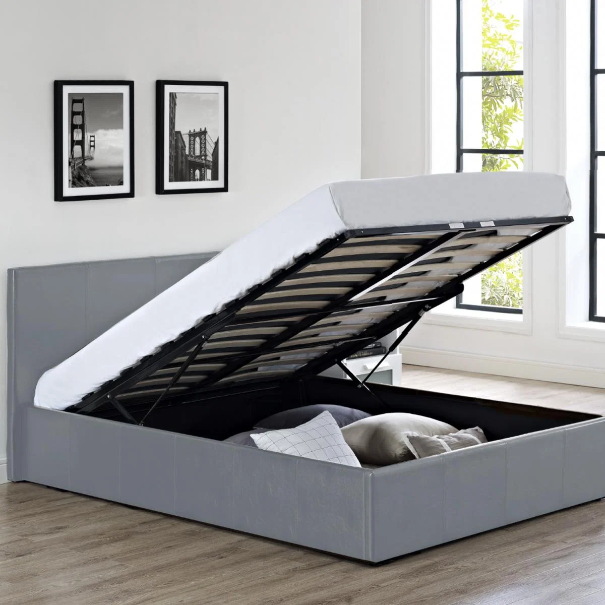Faux Leather Ottoman Gas Lift Storage Bed-DOUBLE - Grey – image 1