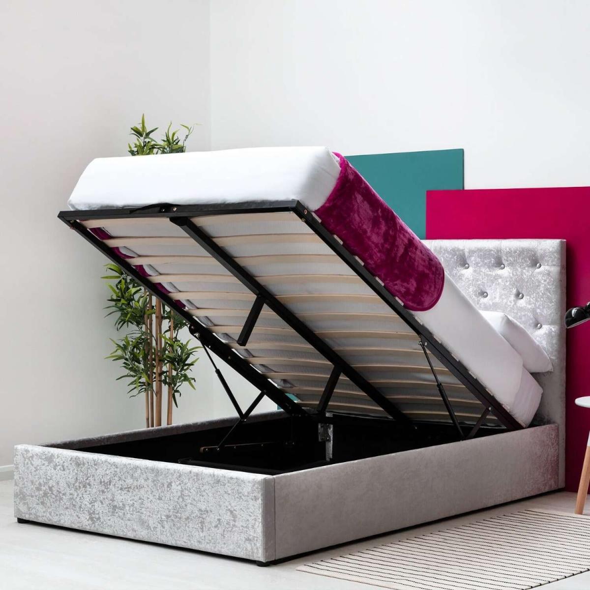 Parwich Silver Crushed Velvet Storage Ottoman Bed Frame - Silver / Double