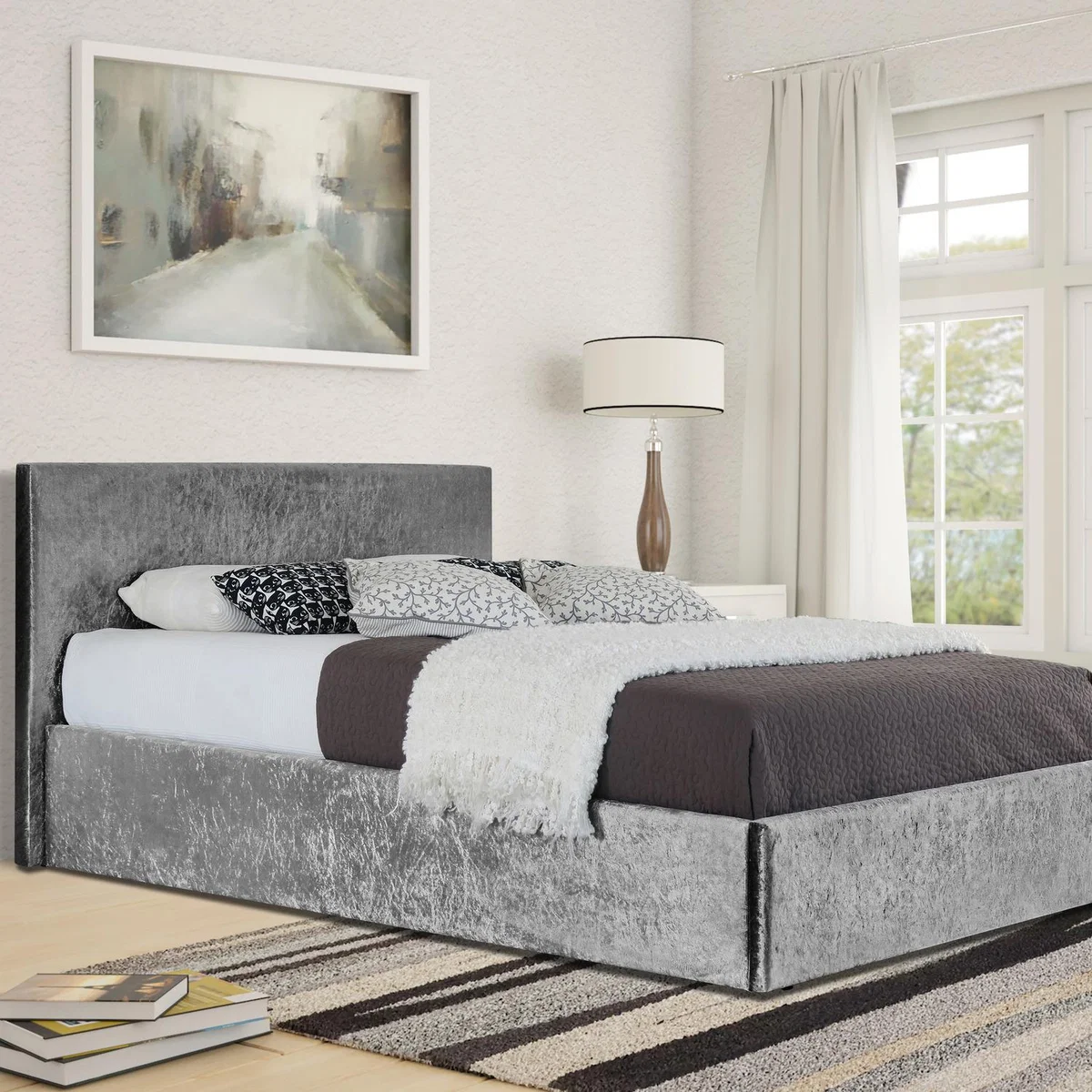 Silver Crush Velvet Storage Ottoman Bed Frame - Double – image 1