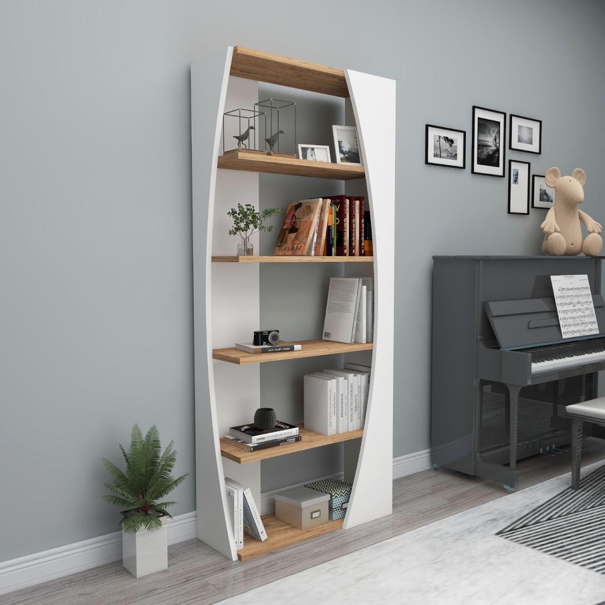 Nestor Bookcase with 5 Tier Shelves - Atlantic Pine & White / Melamine Metal Particle Board Plastic PVC – image 1