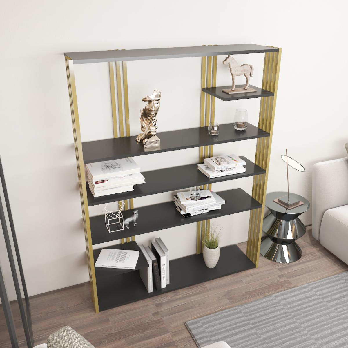 Jeni 6-Tier Modern Bookcase Bookshelf with Metal Frame - Anthracite&Gold – image 4