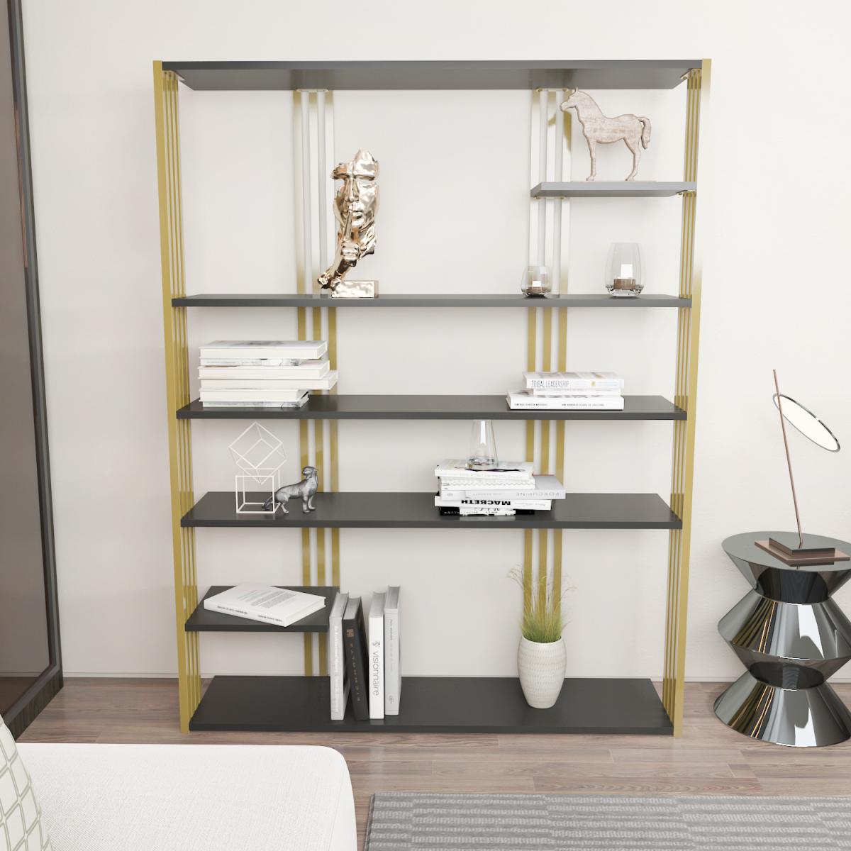 Jeni 6-Tier Modern Bookcase Bookshelf with Metal Frame - Anthracite&Gold – image 5