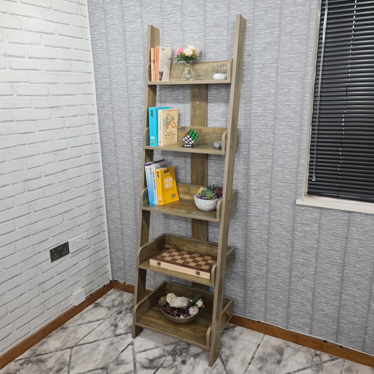 Ladder Storage Bookshelf Leaning Shelves 5-Tier Standing Shelf Bookcase - Rustic Effect – image 5