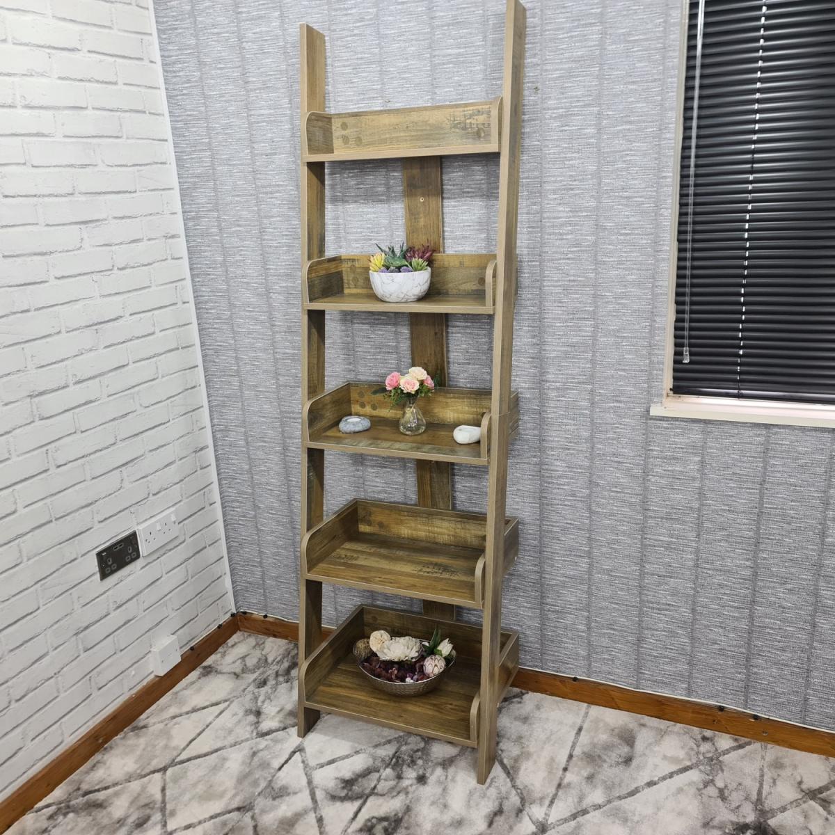 Ladder Storage Bookshelf Leaning Shelves 5-Tier Standing Shelf Bookcase - Rustic Effect – image 8