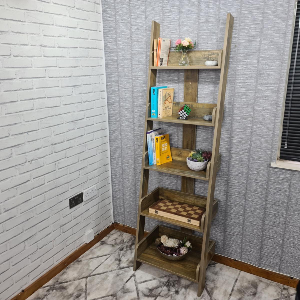 Ladder Storage Bookshelf Leaning Shelves 5-Tier Standing Shelf Bookcase - Rustic Effect – image 9
