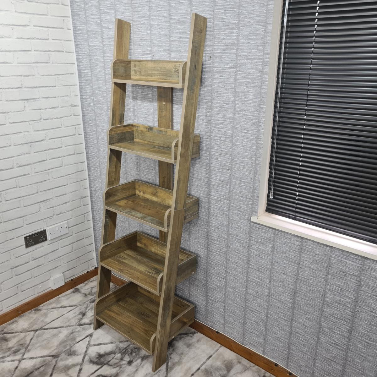 Ladder Storage Bookshelf Leaning Shelves 5-Tier Standing Shelf Bookcase - Rustic Effect – image 10