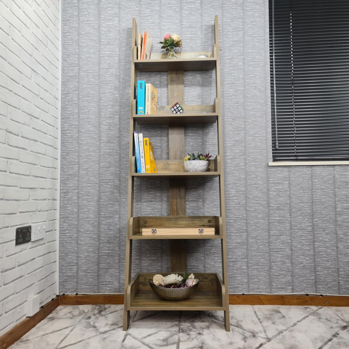 Ladder Storage Bookshelf Leaning Shelves 5-Tier Standing Shelf Bookcase - Rustic Effect – image 1