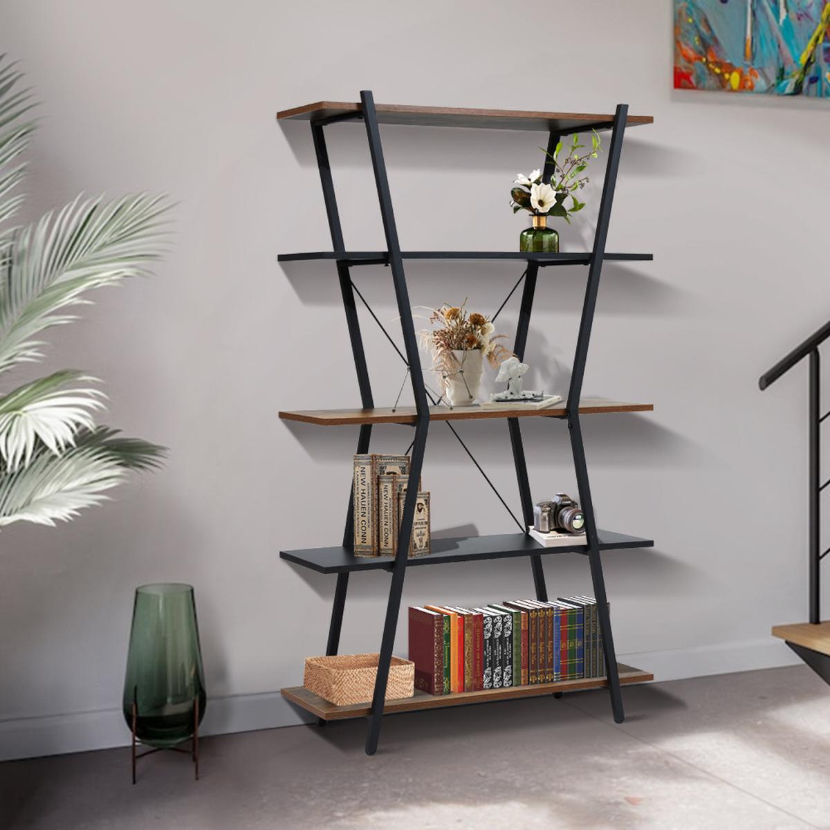 5-Tier X-Shaped Industrial Bookcase - Brown – image 2