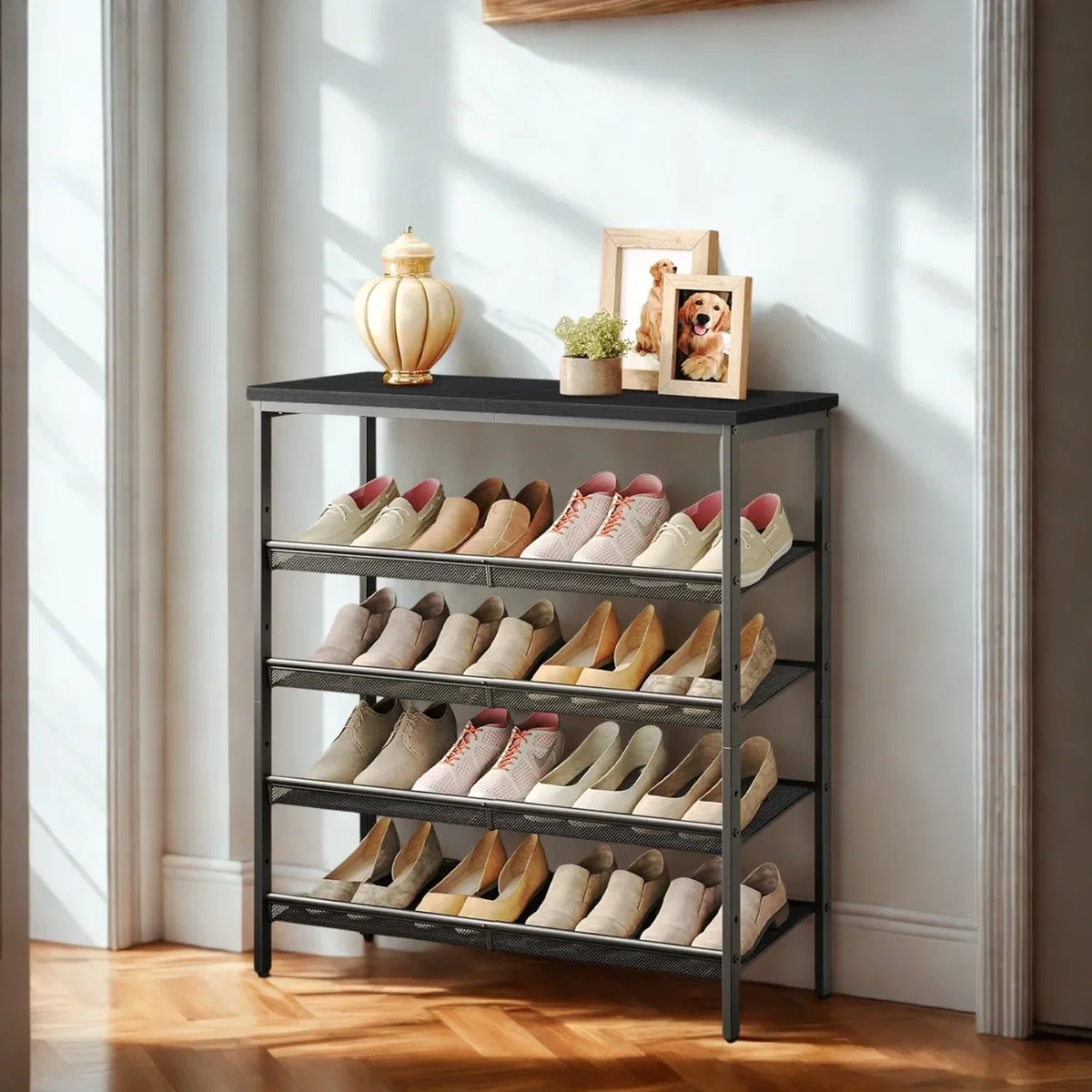 4-Tier Hallway Shoe Rack Storage With Fabric Shelves - Black – image 2
