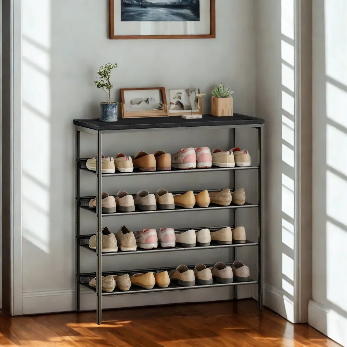 4-Tier Hallway Shoe Rack Storage With Fabric Shelves - Black – image 3