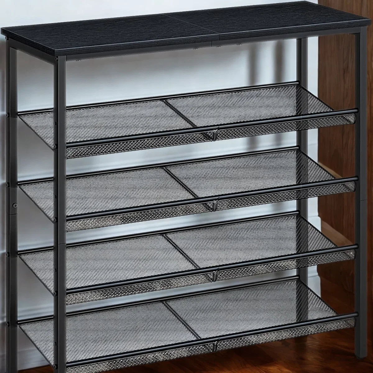 4-Tier Hallway Shoe Rack Storage With Fabric Shelves - Black – image 5