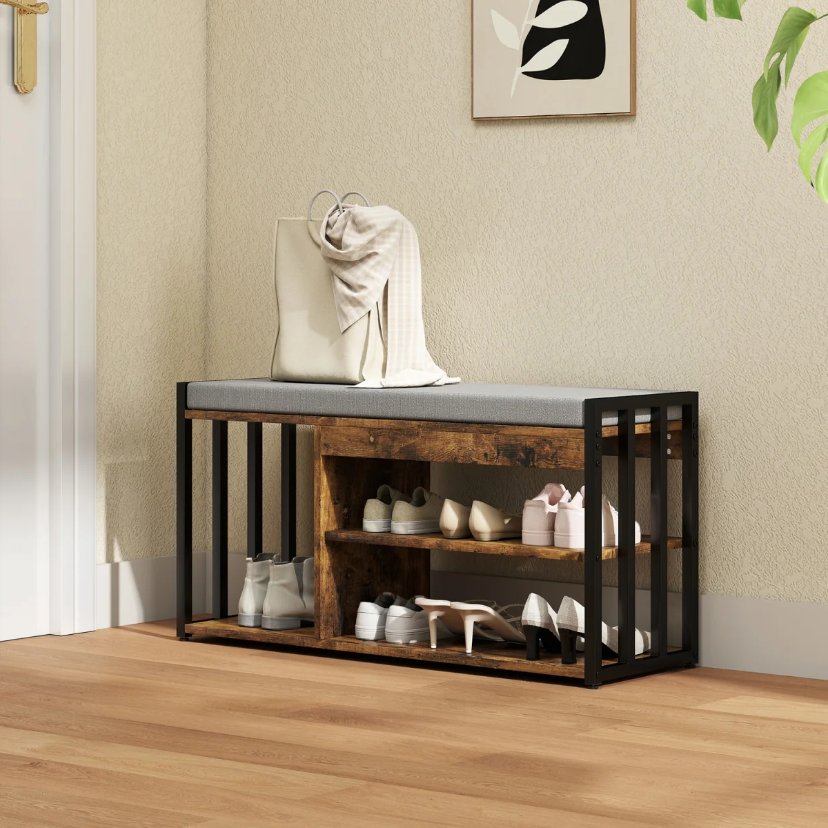 HOMCOM Entryway Shoe Storage Bench with Cushion Shelves - Rustic Brown – image 1