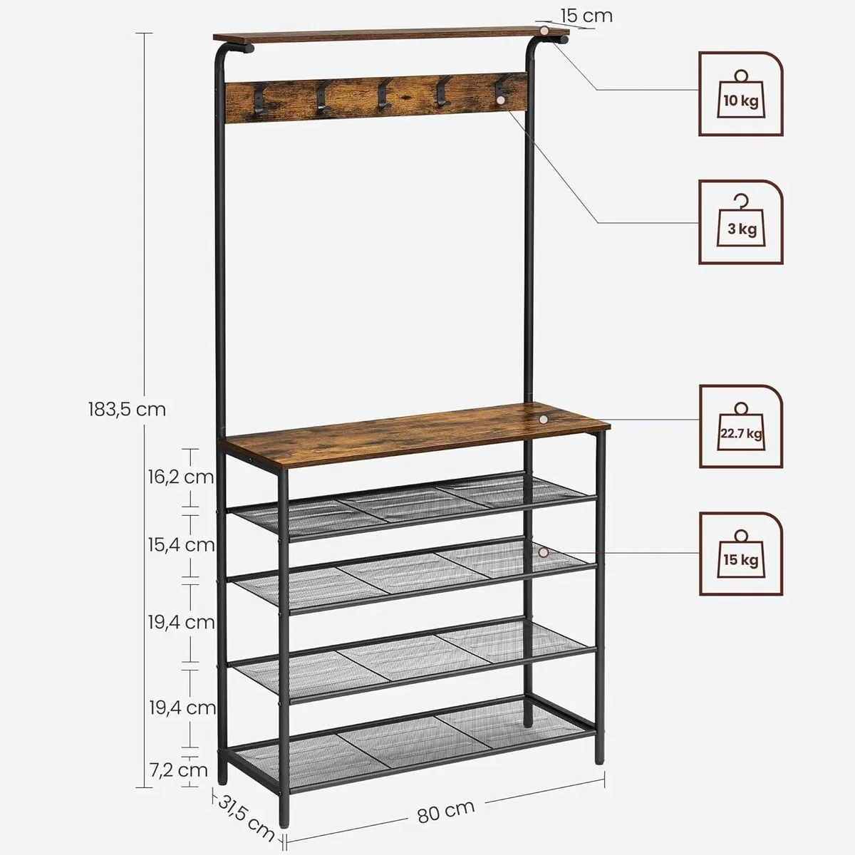 Coat Rack, Hall Tree Shoe Rack, Entryway Organizer, Multi-Tier Storage, Rustic Brown and Black - Rustic Brown, Black – image 3