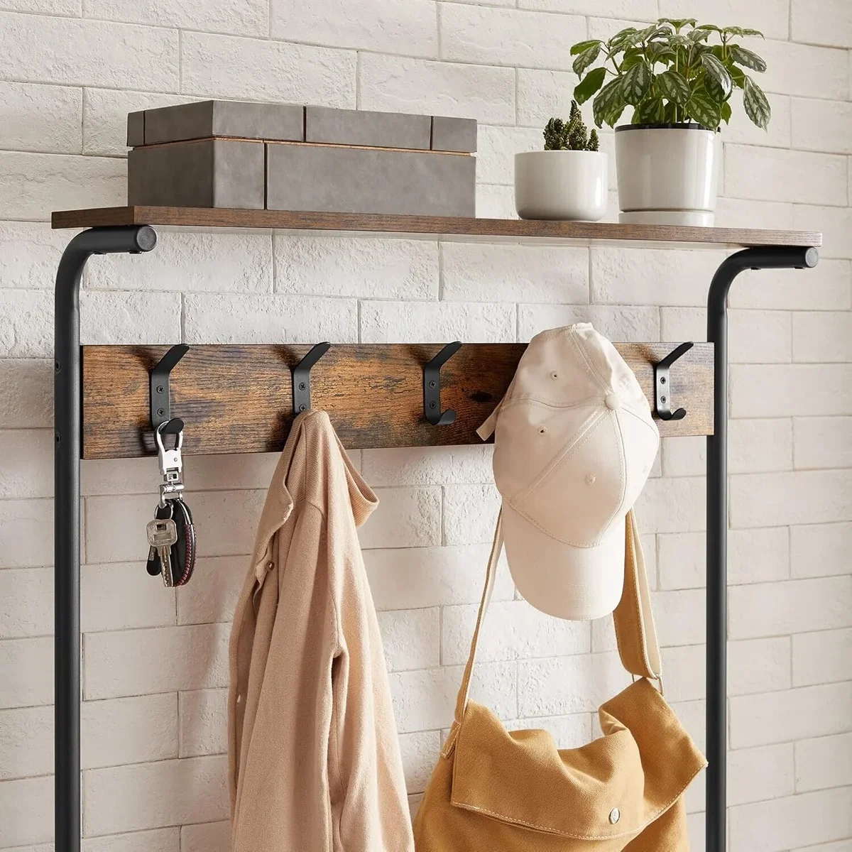 Coat Rack, Hall Tree Shoe Rack, Entryway Organizer, Multi-Tier Storage, Rustic Brown and Black - Rustic Brown, Black – image 5