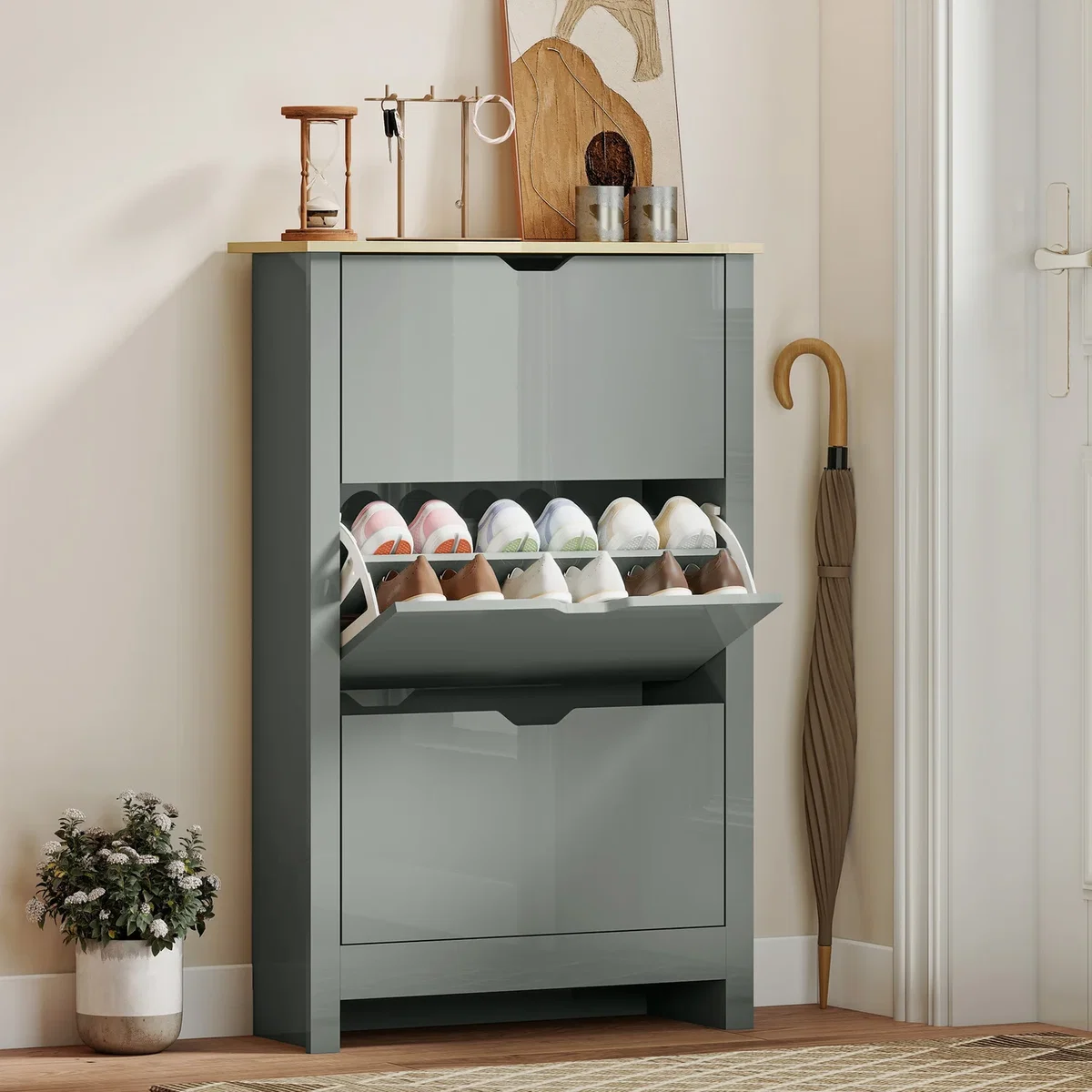 HOMCOM 16-Shoe Storage Cabinet 4 Shelves 4 Drawers Tabletop White - Light Grey – image 1