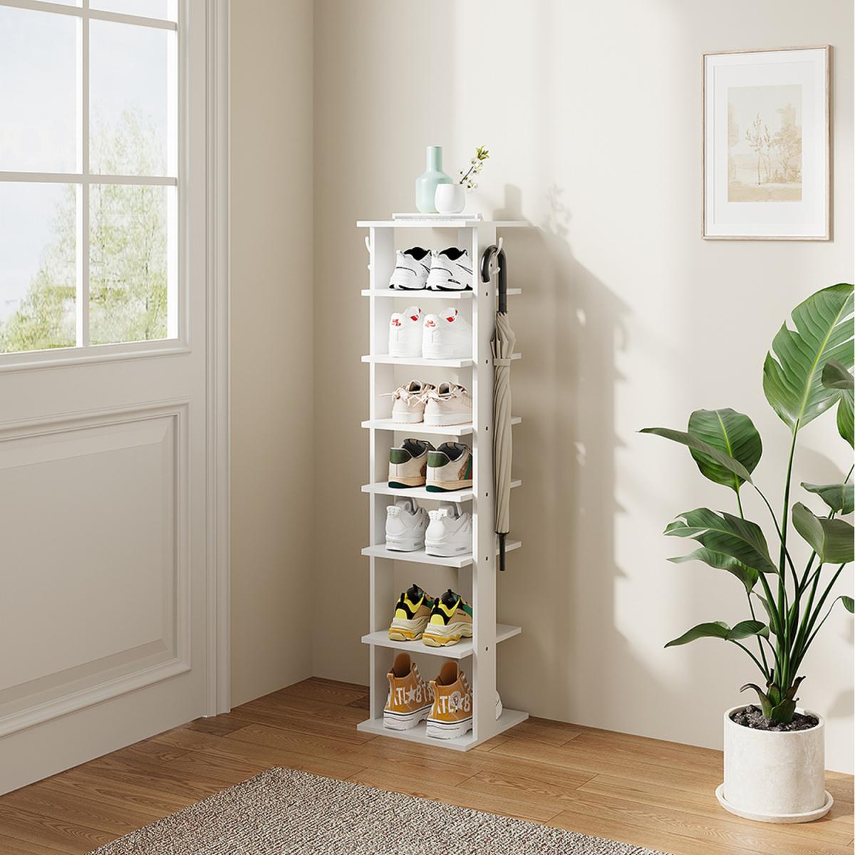 Multi-Tier Vertical Shoe Rack with Side Hooks - White / 113cm