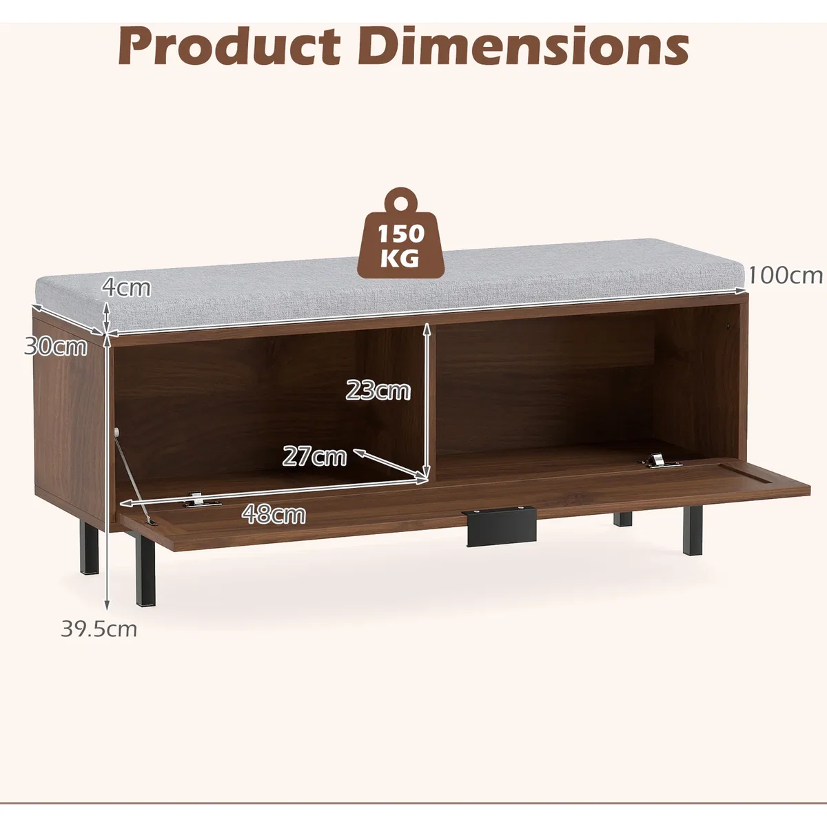 Shoe Storage Bench with Padded Cushion - Brown – image 3