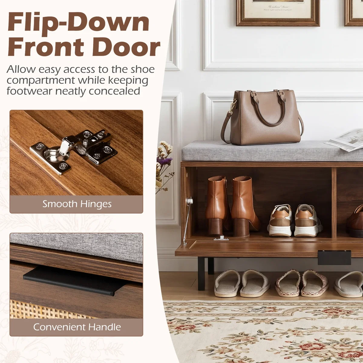 Shoe Storage Bench with Padded Cushion - Brown – image 6