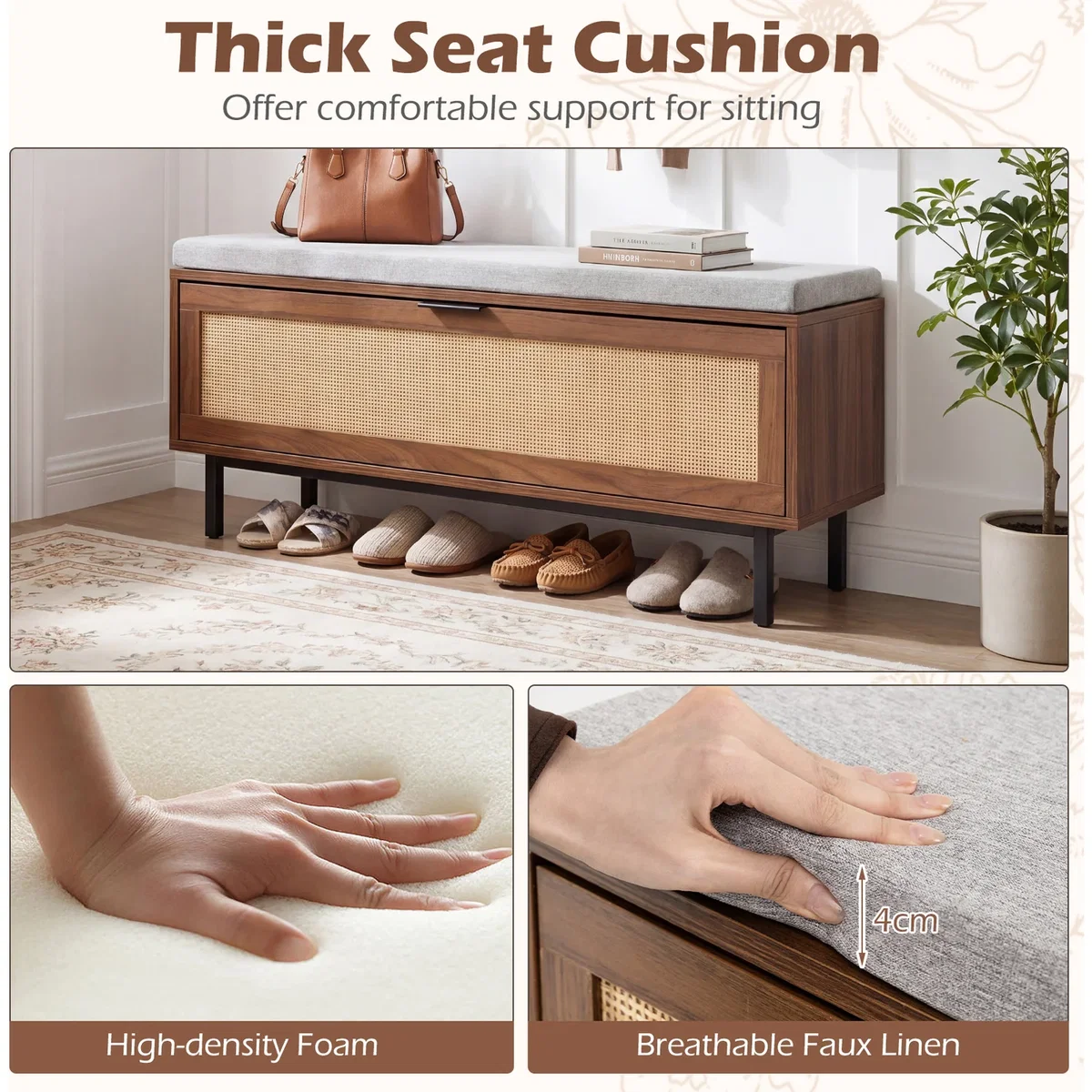 Shoe Storage Bench with Padded Cushion - Brown – image 7