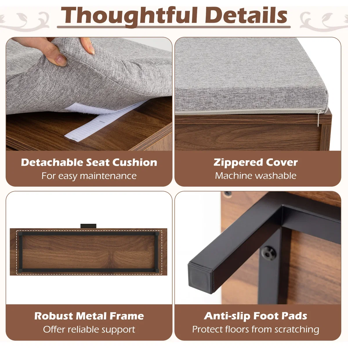 Shoe Storage Bench with Padded Cushion - Brown – image 8