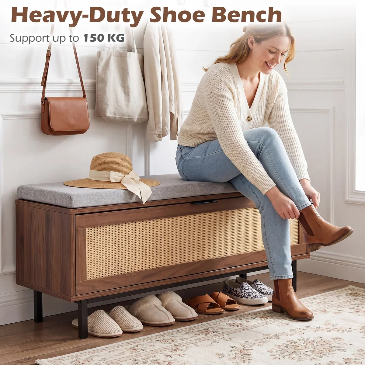 Shoe Storage Bench with Padded Cushion - Brown – image 9