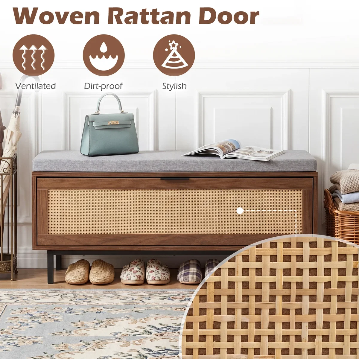 Shoe Storage Bench with Padded Cushion - Brown – image 10