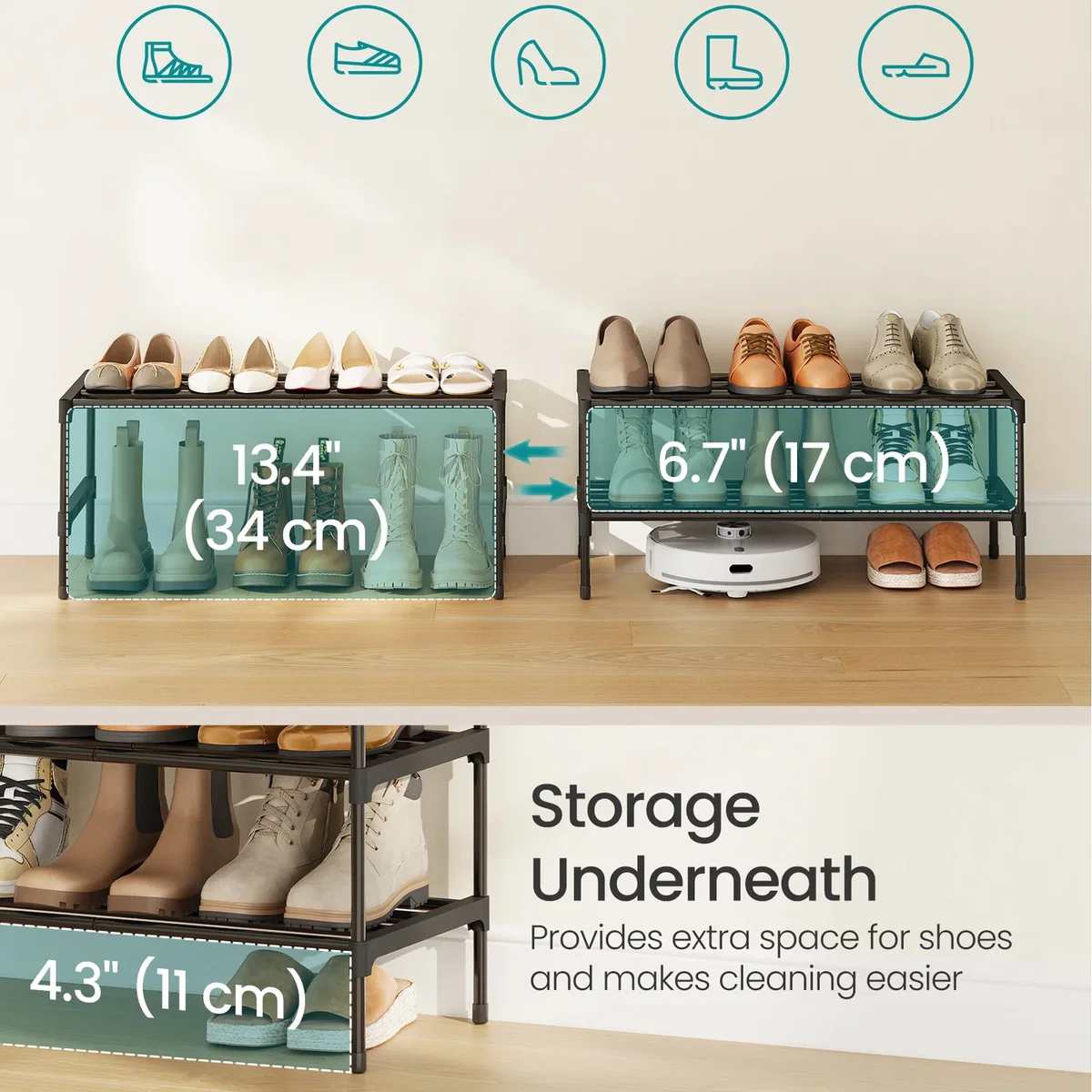 SONGMICS Shoe Rack, 2-Tier Slim Shoe Organiser Shelf, Metal Rack - Black – image 4