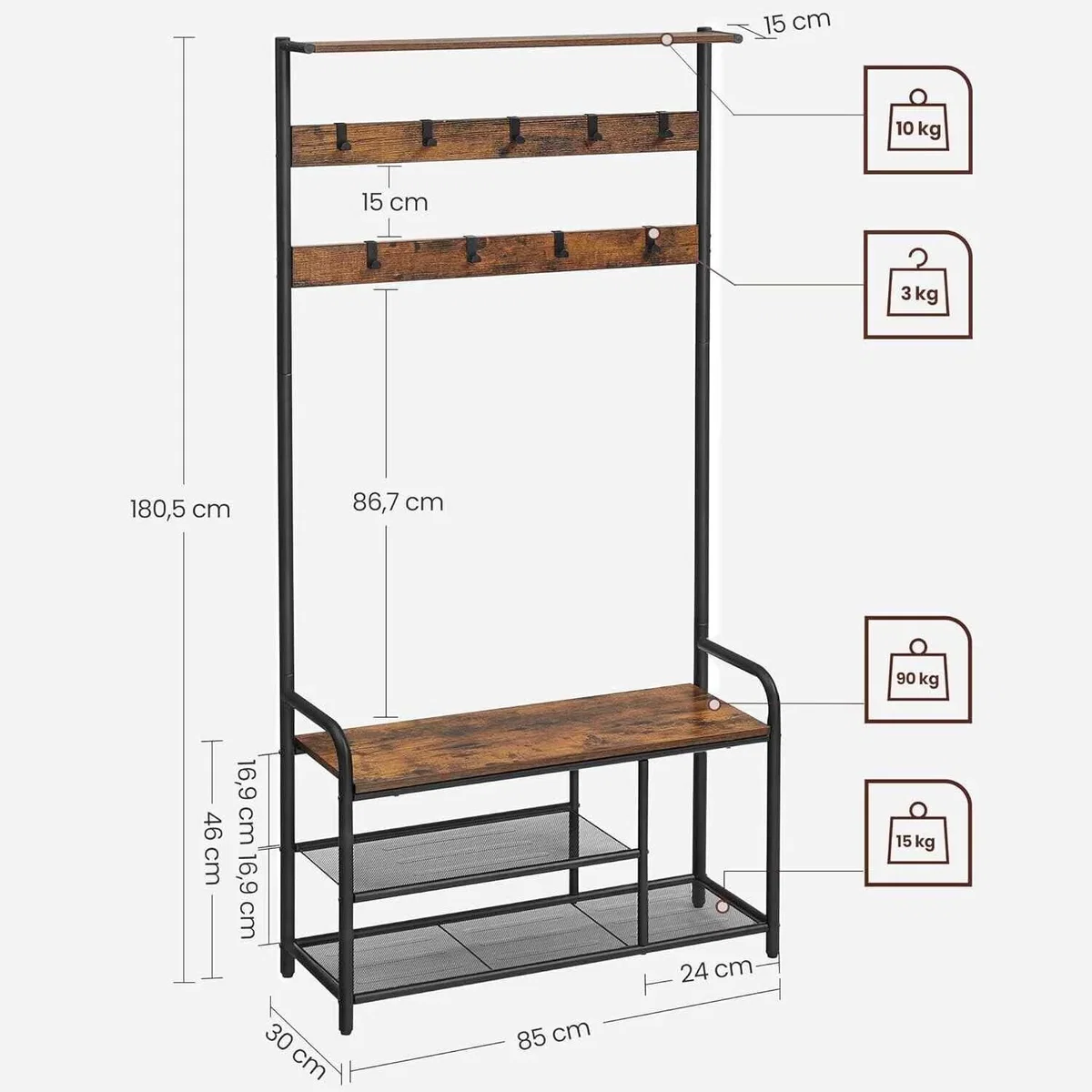 Hall Tree with Bench and Shoe Rack, Rustic Brown and Black - Rustic Brown, Black – image 2