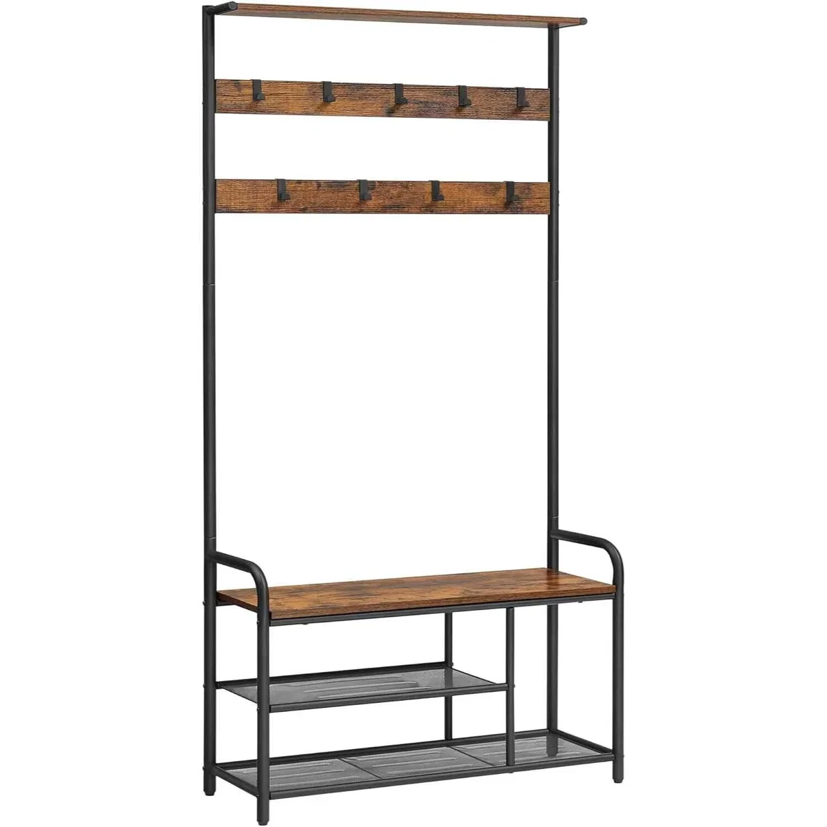 Hall Tree with Bench and Shoe Rack, Rustic Brown and Black - Rustic Brown, Black – image 3