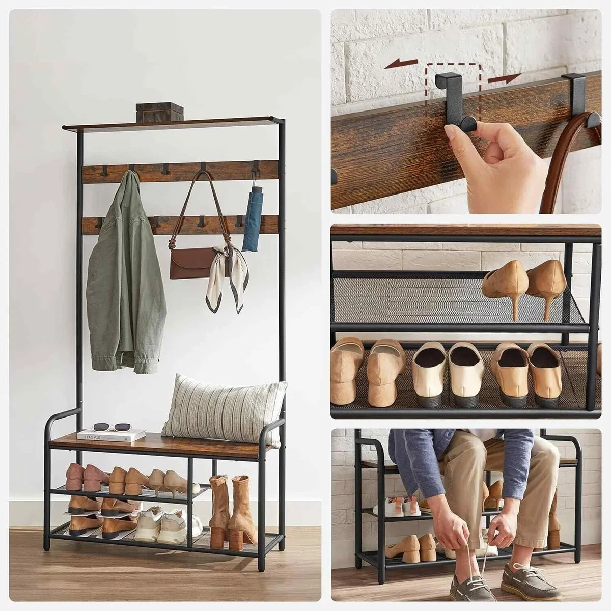 Hall Tree with Bench and Shoe Rack, Rustic Brown and Black - Rustic Brown, Black – image 4