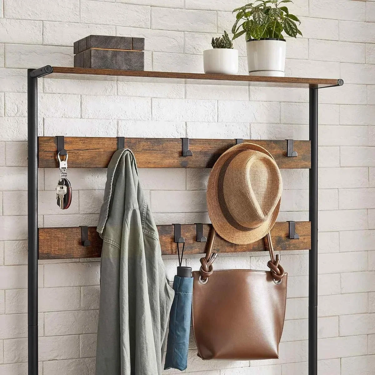 Hall Tree with Bench and Shoe Rack, Rustic Brown and Black - Rustic Brown, Black – image 5