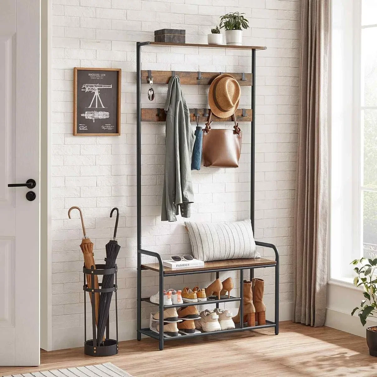 Hall Tree with Bench and Shoe Rack, Rustic Brown and Black - Rustic Brown, Black – image 1