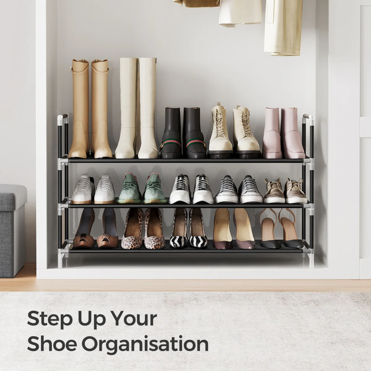 SONGMICS 3-Tier Shoe Rack, Non-Woven Fabric Shoe Organiser - Black – image 3