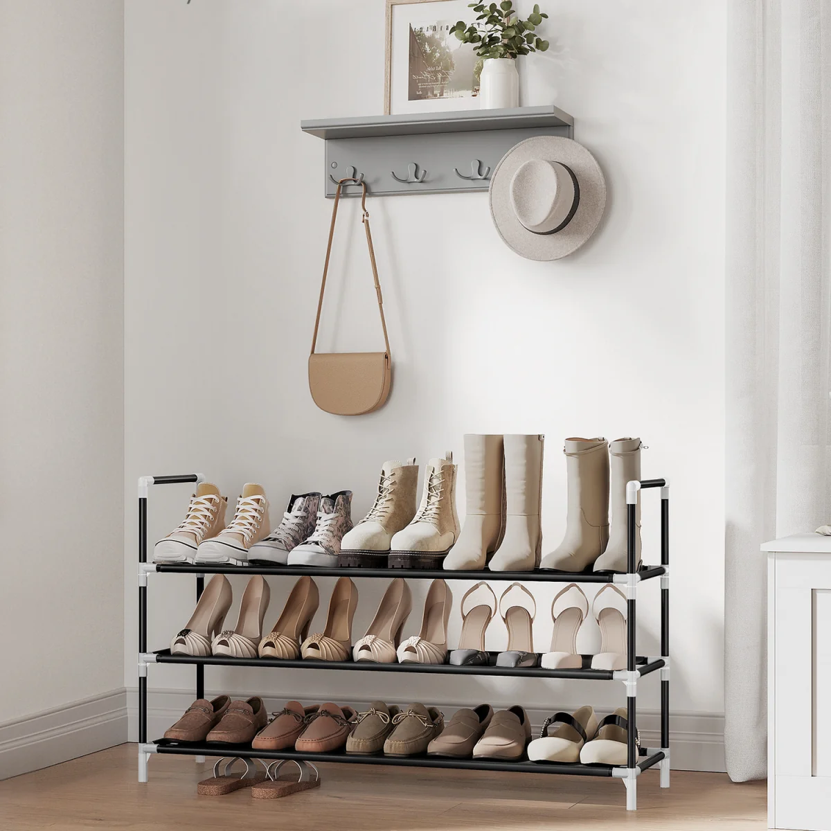 SONGMICS 3-Tier Shoe Rack, Non-Woven Fabric Shoe Organiser - Black – image 1