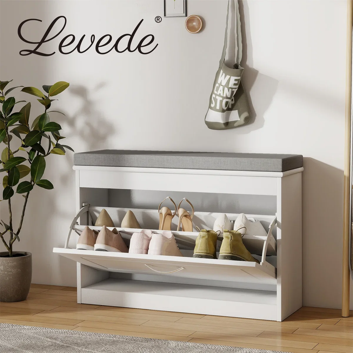 White Plastic Hallway Shoe Storage Cabinet 75cm Bench Organiser Unit - White – image 3