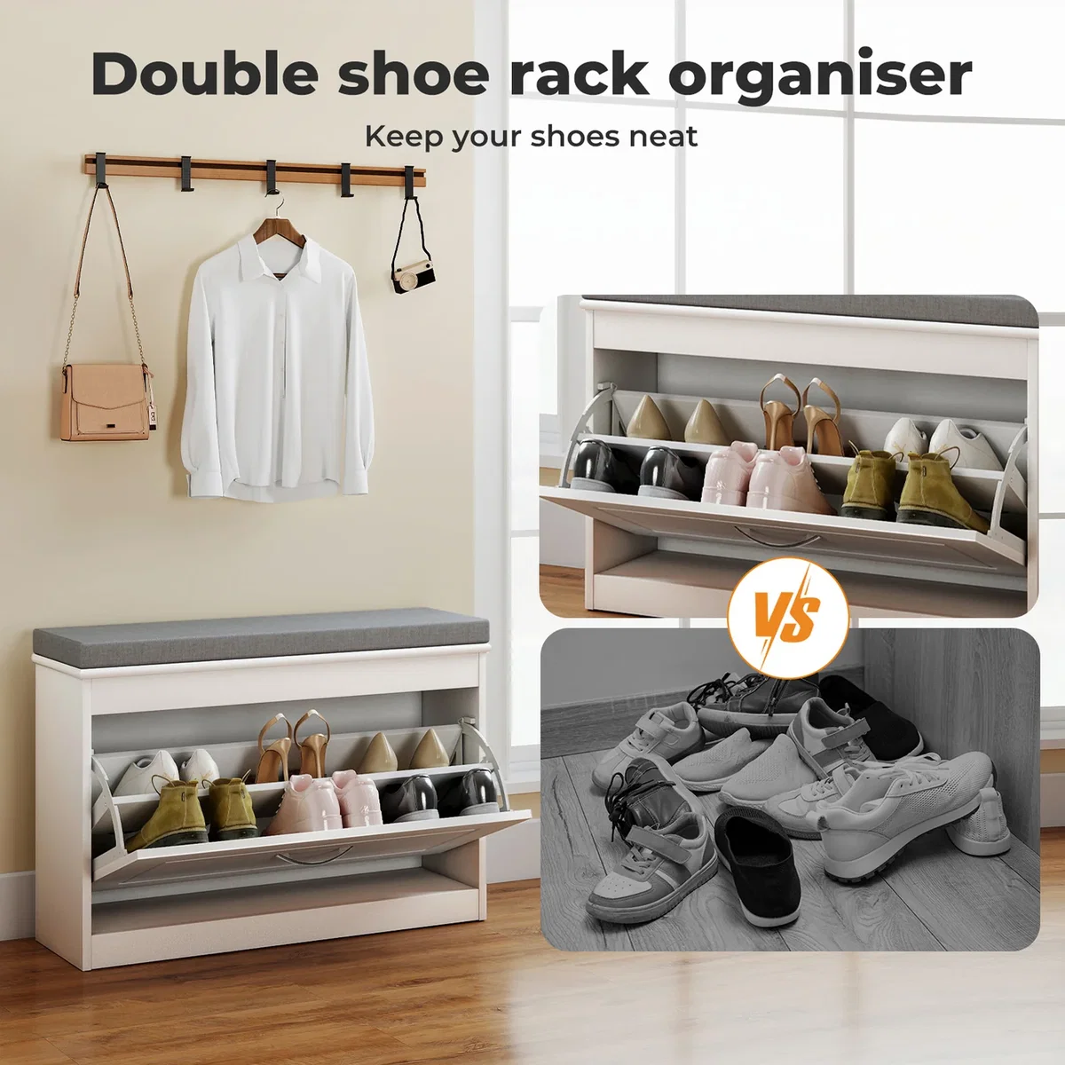 White Plastic Hallway Shoe Storage Cabinet 75cm Bench Organiser Unit - White – image 5